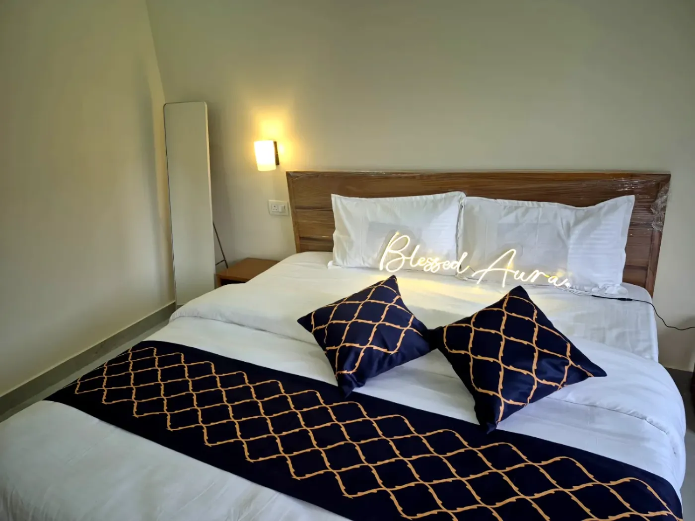 The signature neon-lit king bed